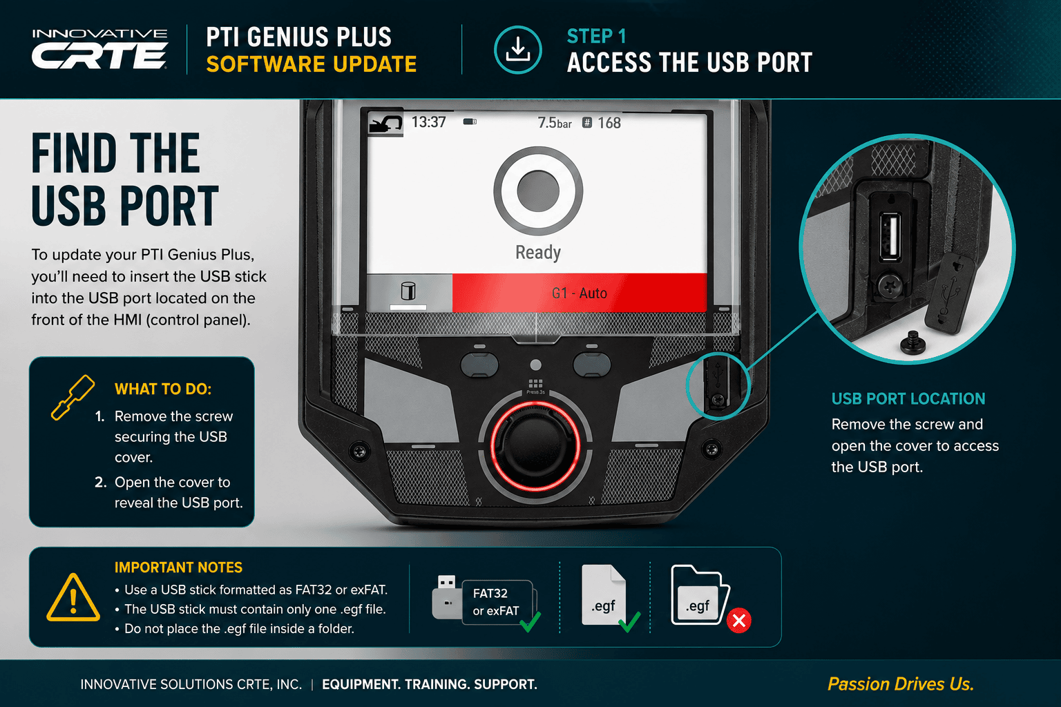 PTI Genius Plus USB port location on the HMI control panel