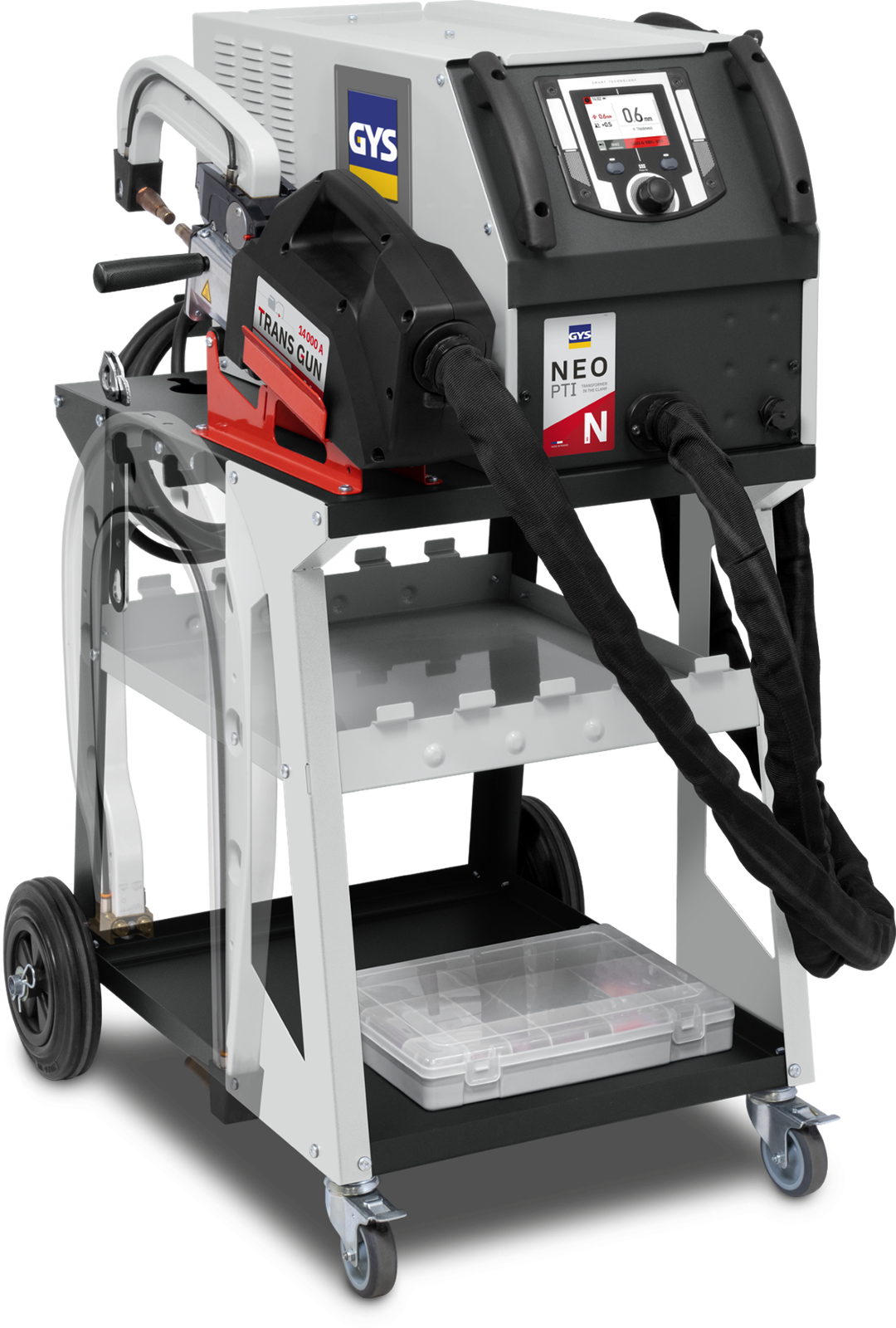 GYSPOT PTI NEO inverter spot welder on its cart with transformer gun